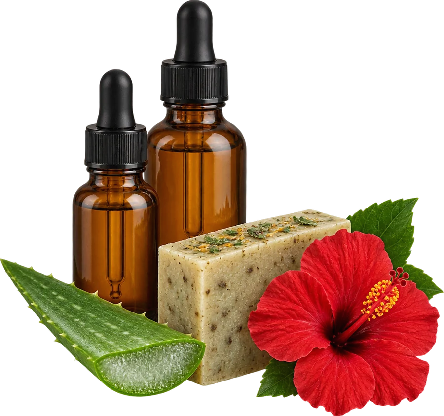 Amber oil bottles, herbal soap, aloe vera and hibiscus