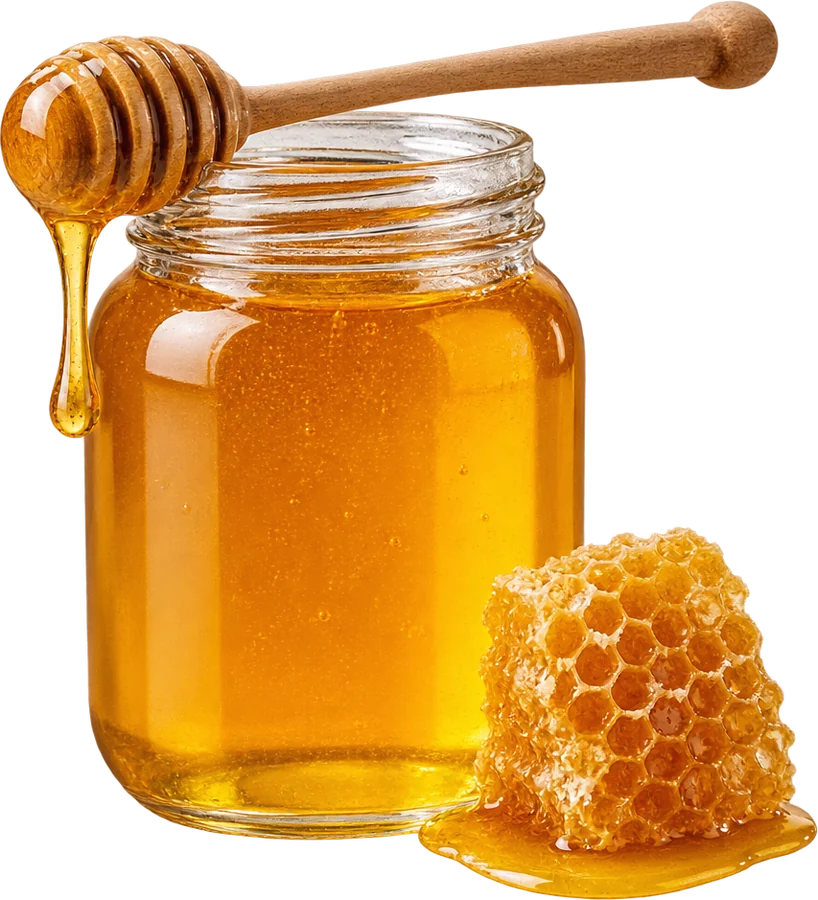 Jar of golden wild honey with a wooden dipper