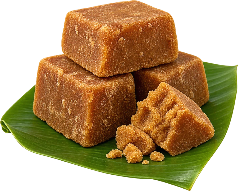 Blocks of organic jaggery on a banana leaf
