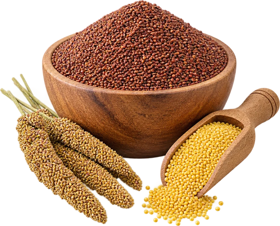 Bowl of finger millet with a scoop of foxtail millet