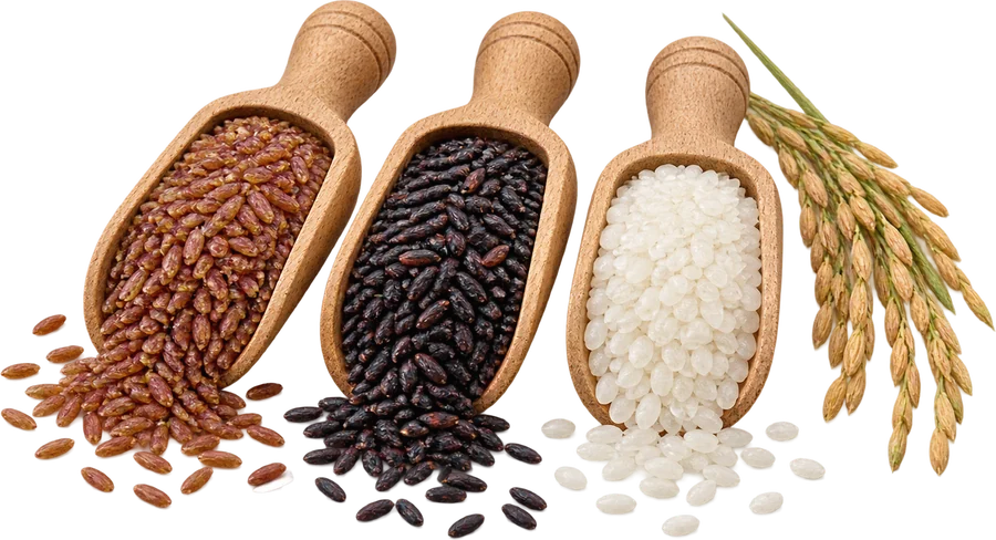 Scoops of red, black and white rice