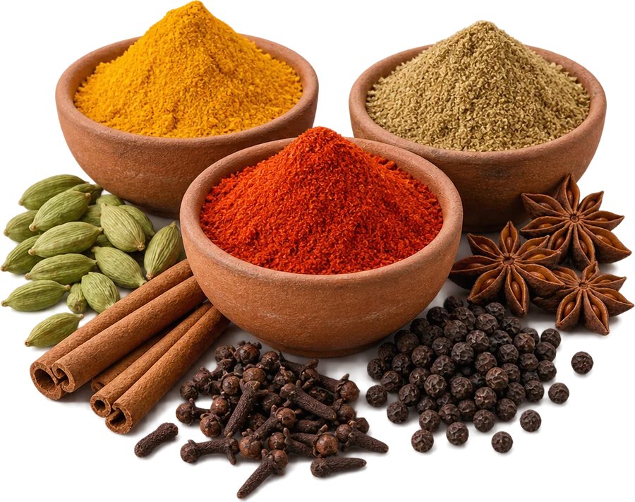 Bowls of turmeric, chilli and coriander with whole spices