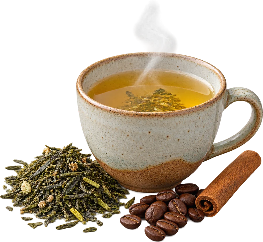 Cup of herbal tea with tea leaves and coffee beans